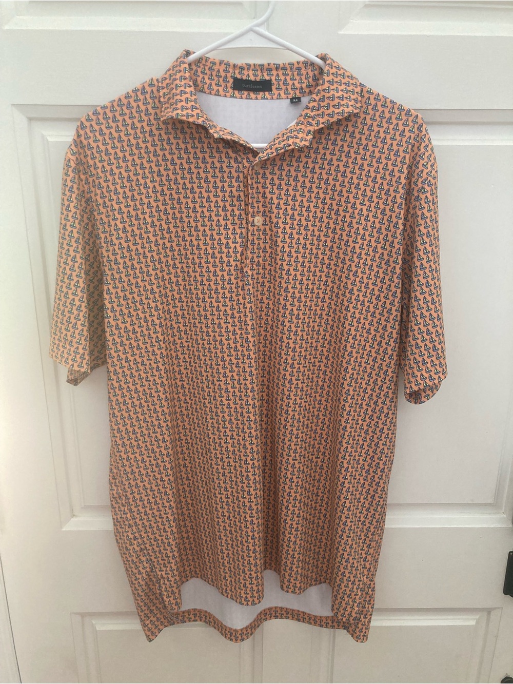 Men's Orange Short-Sleeve Polo with Navy Micro-Print